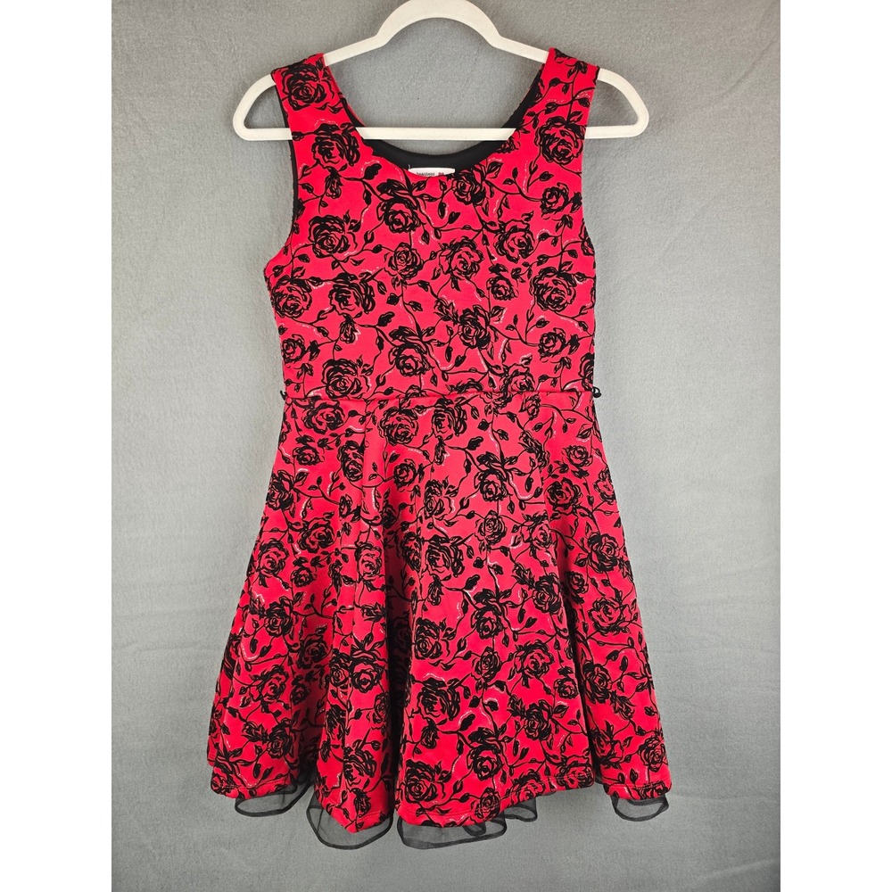 Beautees Dress Girls 16 Red Black Rose Flocked Glitter Skater Holiday Gothic